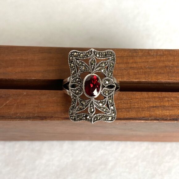 VTG Judith Jack Sterling Silver 925 Art Deco Style Oval Garnet Marcasite Ring - Picture 13 of 16